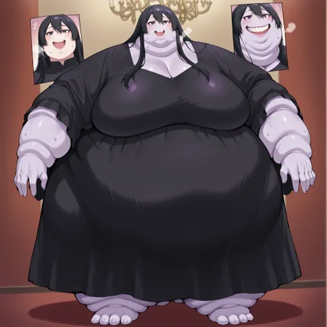  mierukochan vol12, smile, open mouth, teeth, purple skin, black hair, black dress, breasts, fat, chubby, obese, fat neck, multiple chins, big breasts open mouth, out of breath, Larger female, full body shot, only head, large head, oversized limbs, large h...