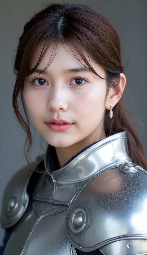 neat young woman wearing luxurious silver armor、、female knight、、漆黒の髪、、ear piercings、looking at camera、looking directly in front、、口を閉じている、への字口、、、face close-up、grey background、