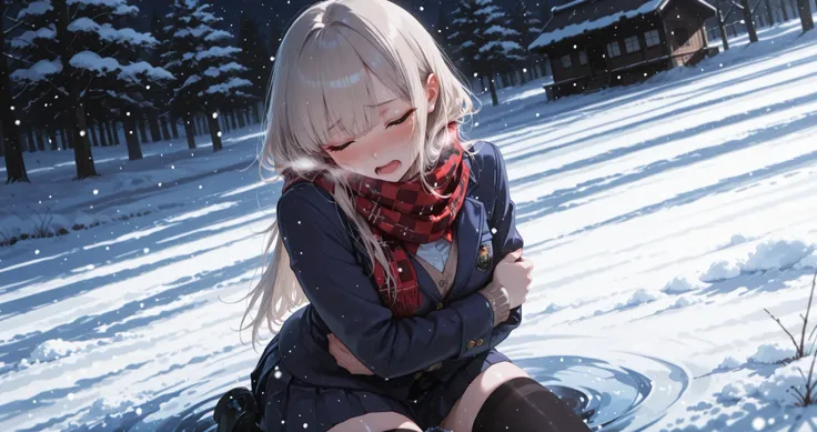 1girl , solo , shy succubus girl , bangs, long straight platinum blonde hair , closed eyes , bashful , blush , frightened , open mouth , wearing a winter school uniform with a navy blazer and cardigan, red checkered scarf, black high socks, black loafers, ...