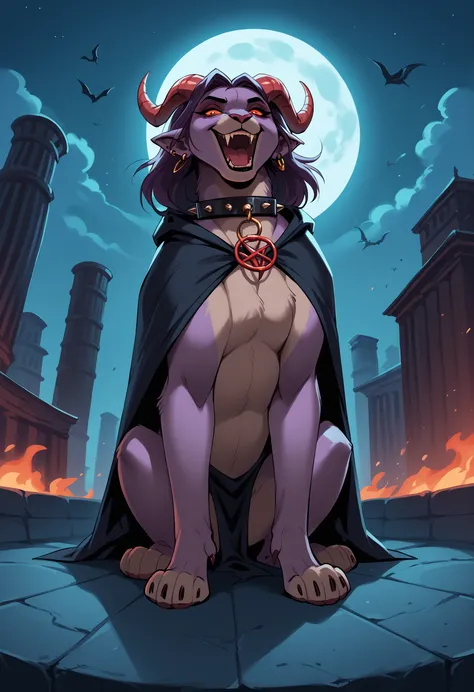  (((feral))), lioness, female, animal, demon,  colored skin, skinny, oni horns, pointy ears, ear piercing, sharp teeth, ,ram horns, feline body, spiked collar, a torn black cloak flutters in the wind, BREAK, perfect body, (purple body skin), skimpy, seduct...