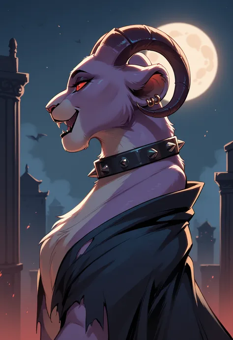  (((feral))), lioness, female, animal, demon,  colored skin, skinny, oni horns, pointy ears, ear piercing, sharp teeth, ,ram horns, feline body, spiked collar, a torn black cloak flutters in the wind, BREAK, perfect body, (purple body skin), skimpy, seduct...