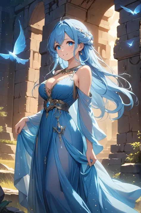 (High quality, High resolution, Fine details), mystical fantasy world, ancient stone ruins, deep blue long dress, dress flows gracefully in an ethereal breeze, shimmering like starlight, Soft magical glow surrounds silhouette, standing, solo, curvy adult w...