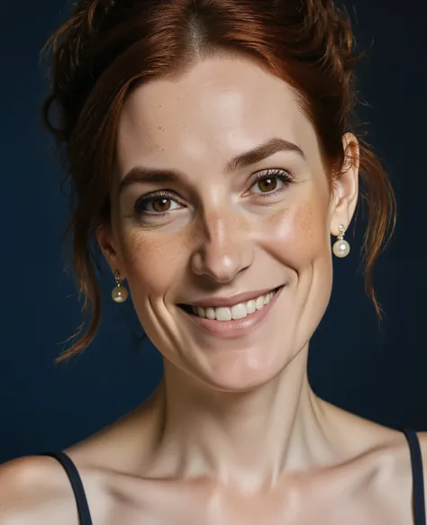 margaret in a close-up shot, smiling, dark blue background. auburn-brown hair in a relaxed updo. pearl earrings.