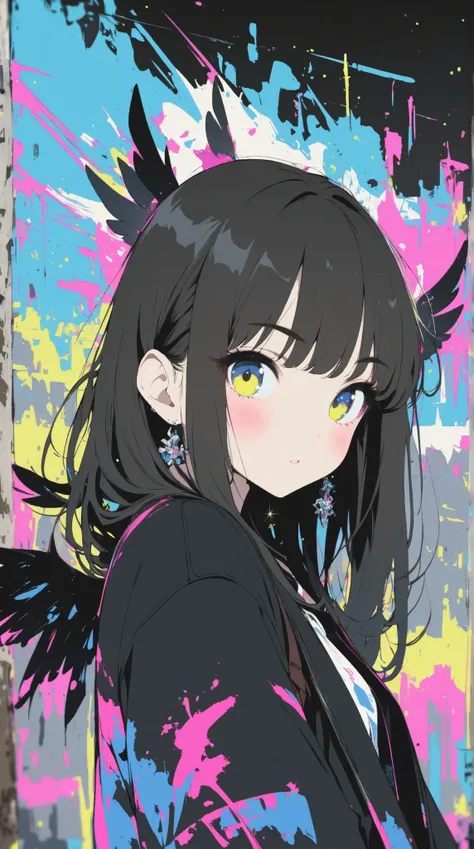 masterpiece, top quality, super detailed, super aesthetic, flat anime, 1girl, PORTRAIT, look at me, black jacket, accessory, black wings, Crow's Feather, cute anime,flat color, Sparkling particles, Graffiti Themes , Transcendental Technique Illustration...
