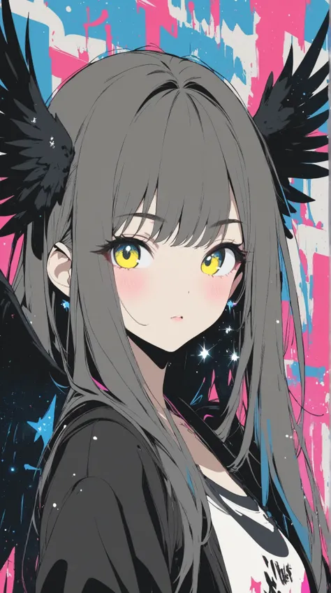 masterpiece, top quality, super detailed, super aesthetic, flat anime, 1girl, PORTRAIT, look at me, black jacket, accessory, black wings, Crow's Feather, cute anime,flat color, Sparkling particles, Graffiti Themes , Transcendental Technique Illustration...