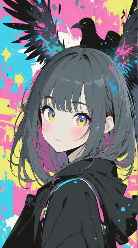 masterpiece, top quality, super detailed, super aesthetic, flat anime, 1girl, PORTRAIT, look at me, black jacket, accessory, black wings, Crow's Feather, cute anime,flat color, Sparkling particles, Graffiti Themes , Transcendental Technique Illustration...