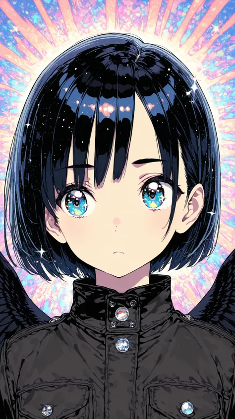 masterpiece, top quality, super detailed, super aesthetic, flat anime, 1girl, PORTRAIT, look at me, black jacket, accessory, black wings, Crow's Feather, cute anime,flat color, Sparkling particles, Graffiti Themes , Transcendental Technique Illustration...
