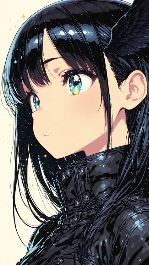masterpiece, top quality, super detailed, super aesthetic, flat anime, 1girl, PORTRAIT, look at me, black jacket, accessory, black wings, Crow's Feather, cute anime,flat color, Sparkling particles, Graffiti Themes , Transcendental Technique Illustration...