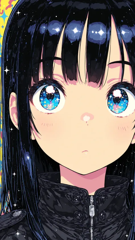 masterpiece, top quality, super detailed, super aesthetic, flat anime, 1girl, PORTRAIT, look at me, black jacket, accessory, black wings, Crow's Feather, cute anime,flat color, Sparkling particles, Graffiti Themes , Transcendental Technique Illustration...