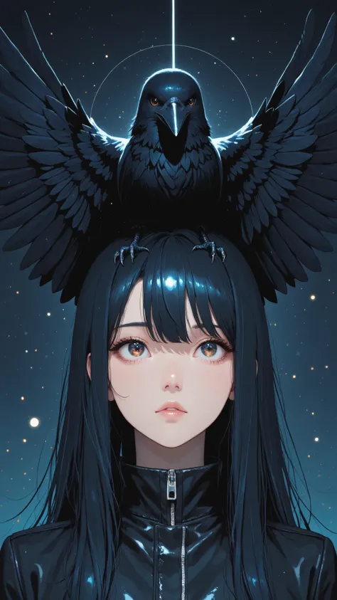 masterpiece, top quality, super detailed, super aesthetic, flat anime, 1girl, PORTRAIT, look at me, black jacket, accessory, black wings, Crow's Feather, cute anime,flat color, Sparkling particles, Graffiti Themes , Transcendental Technique Illustration...