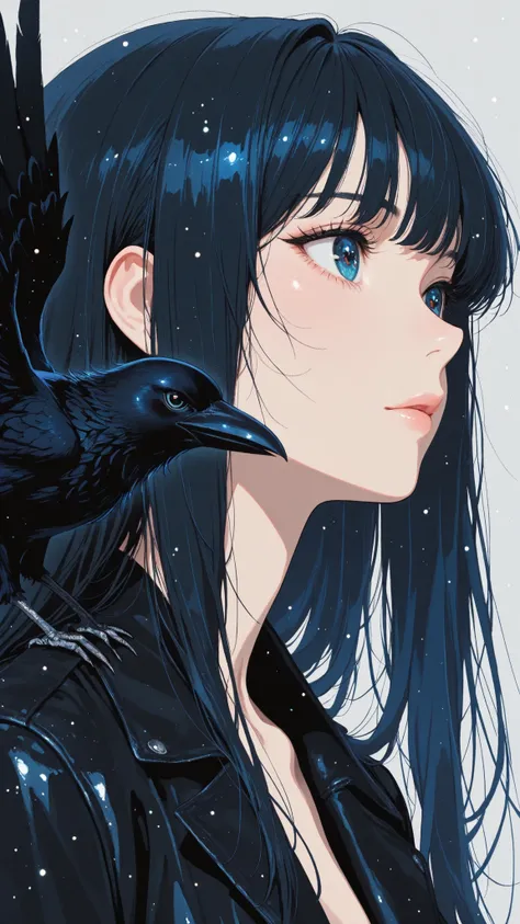 masterpiece, top quality, super detailed, super aesthetic, flat anime, 1girl, PORTRAIT, look at me, black jacket, accessory, black wings, Crow's Feather, cute anime,flat color, Sparkling particles, Graffiti Themes , Transcendental Technique Illustration...