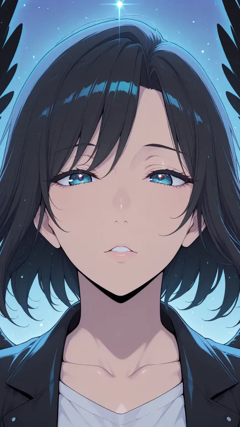 masterpiece, top quality, super detailed, super aesthetic, flat anime, 1girl, PORTRAIT, look at me, black jacket, accessory, black wings, Crow's Feather, cute anime,flat color, Sparkling particles, Graffiti Themes , Transcendental Technique Illustration...