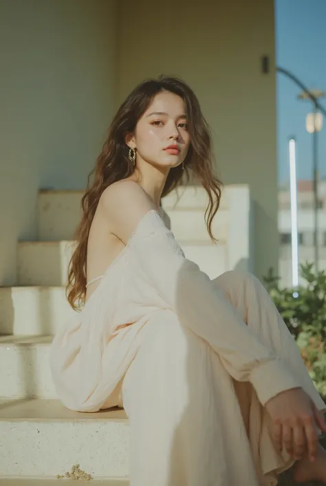hyperreal 8K portrait。
outdoor staircase scene in the morning、camera is a slightly low angle from a few steps below her。
young women sit at an angle at the end of the middle of the stairs、body facing diagonally to the camera。
stretch forward with both legs...