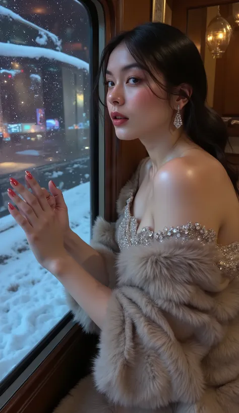 masterpiece, best quality, absurdres, amazing quality, very aesthetic, sharp focus, detailed, intricate details, 1girl, beautiful detailed eyes, gorgeous woman, slender, fair skin, porcelain skin, long hair, detailed face, fur coat, elegant dress, evening ...