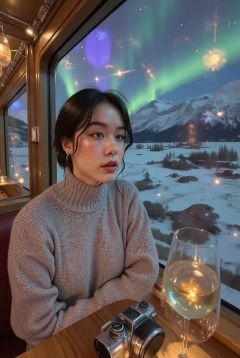 finely detailed image, detail, highres photorealistic illustration of an 18-year-old girl with authentic teenage appearance and genuine expression, photographed in observation car of luxury overnight train during spectacular winter night journey, wearing s...