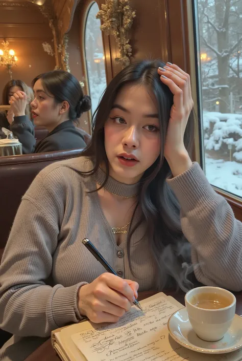 Young adult woman writing in journal at small table in dining car of luxury night train, winter storm visible through panoramic windows, chandeliers casting warm light, other passengers enjoying late dinner in background, steam rising from cup of coffee, s...