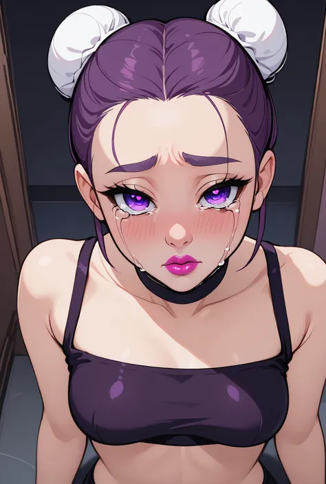 (1girl), (perfect face), ((white bun knot top hair)), (forehead), ((white natural eyebrows)), (((purple eyes, crying eyes))), (((black eyeliners))), (pink blush), ((nose, thick lipstick)), (beautiful girl), (crop top), ((sad face)), (looking at viewer, pov...
