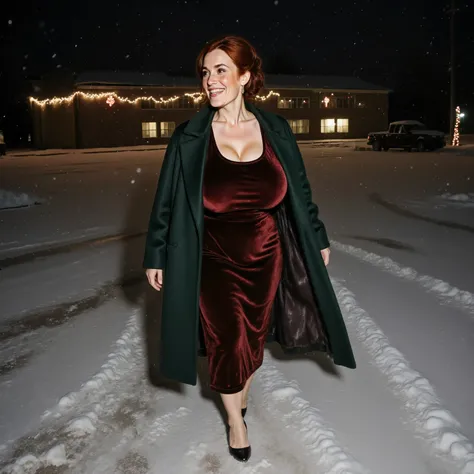 Margaret arrives in the office christmas party. sideview picture of her walking on the snowy parking lot, it's evening. slush and snow. she's wearing a dark green wool coat over a dark red velvet scoop neckline dress. happy smile. very large breasts, aubur...