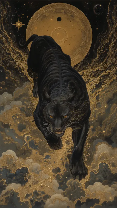 A highly detailed Japanese painting style, delicate yet bold, hyper-realistic depiction of a black tiger yokai racing through the night sky.
A jet-black tiger with luminous golden stripes and a radiant golden third eye, its body stretched in a powerful for...