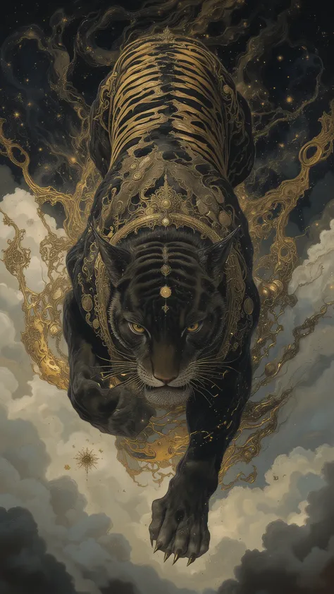 A highly detailed Japanese painting style, delicate yet bold, hyper-realistic depiction of a black tiger yokai racing through the night sky.
A jet-black tiger with luminous golden stripes and a radiant golden third eye, its body stretched in a powerful for...