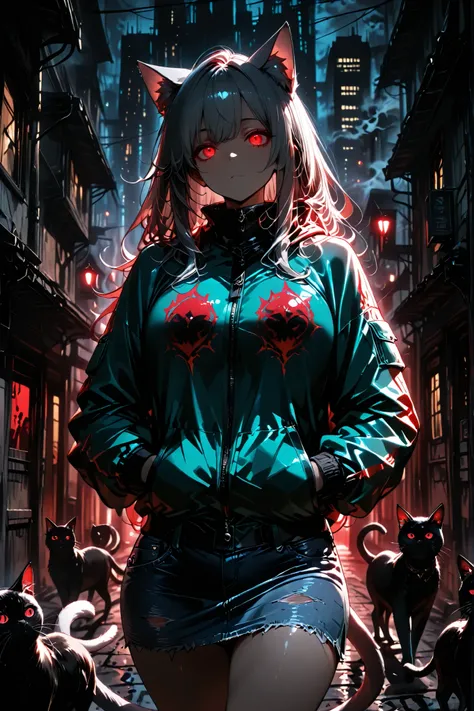 (masterpiece, High Resolution, 8k, very detailed, top quality), night, 深night, high contrast, The city where the lights went out, Valley of an empty building. Mysterious Woman, solo, long gray hair, cat ears, is bundling her hair, Beautiful character desig...