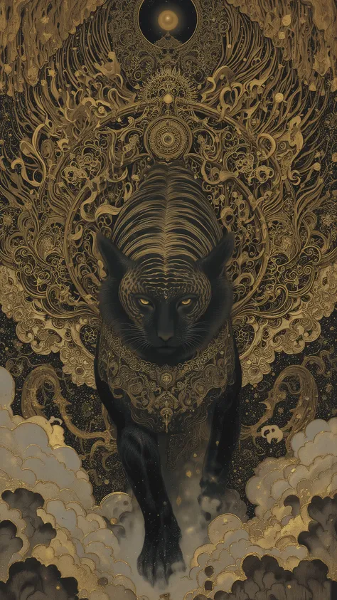 The Japanese painting style, delicate yet bold, realistic depiction,A black tiger with jet-black fur and golden stripes,a tiger with black and gold fur,a black tiger has a third eye on the forehead, gold radiant and black as jet, a Japanese yokai, facing d...