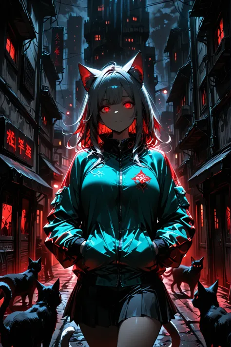 (masterpiece, High Resolution, 8k, very detailed, top quality), night, 深night, high contrast, The city where the lights went out, Valley of an empty building. Mysterious Woman, solo, long gray hair, cat ears, is bundling her hair, Beautiful character desig...