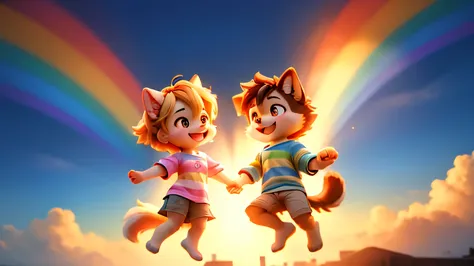Wear a colorful striped shirt、cool dog boy、Cute Dog Girl、couple、hold hands、Jump from a high place、Rainbow Background