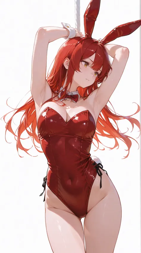 beautiful Japanese woman, Red bunny girl , Long red hair、Action Poses, Tai chi posture、the fabric is fluttering in the wind、dynamic pose、dynamic angles, white background, anatomically correct、