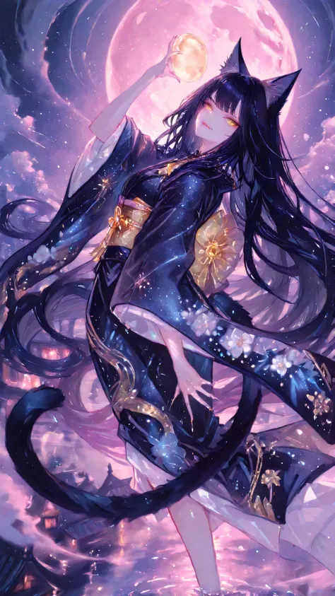 748cmstyle,perfect anatomy, masterpiece,  Illustration, ultra details, fine trait, best quality, ultra detailed, 1girl (kimono neko girl), cat tail, smilrk with fangs, claws, very long long wavy black hair, , , nice anime golden eyes, dynamic pose, in nigh...