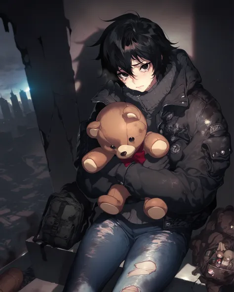 (mazjojo:0.67), (pigeon666:0.83), masterpiece, best quality, looking at viewer,apocalypse,alleyway,ruined city, upper body, 1girl,small child,black winter jacket,dirty jacket,hugging a doll,teddy bear,long jeans,bagpack,crying,rooftop,sitting down,black ha...