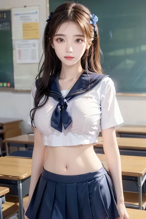 ( Super High Definition), (I'm looking over here), (Sailor Suit:1.1, Flared Skirt:1.1), (Big Breasts:1.2), (Slimness:1.8), ( Read more:1.4), (thin thighs:1.4), (thin hips:1.6), ( beautiful skin, shiny skin, white skin), (Super slim face, Super beautiful ...