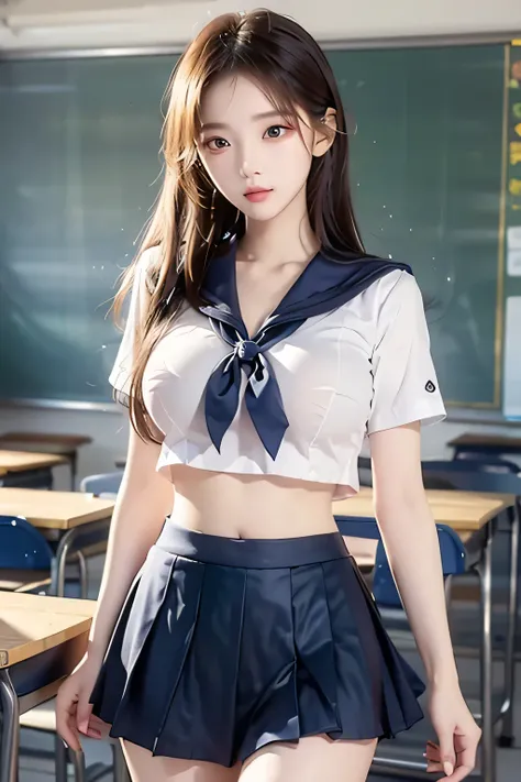 ( Super High Definition), (I'm looking over here), (Sailor Suit:1.1, Flared Skirt:1.1), (Big Breasts:1.2), (Slimness:1.8), ( Read more:1.4), (thin thighs:1.4), (thin hips:1.6), ( beautiful skin, shiny skin, white skin), (Super slim face, Super beautiful ...