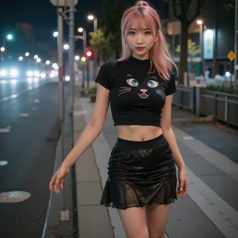 top quality, highest resolution, (It's very detailed, Surreal RAW photo:1.10), ((A famous Japanese top gravure idol is walking very beautifully under street lights at night:1.10))), (super clear focus), ((full body shot:1.5)), (It's a spandex cat print t-s...