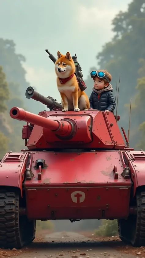((4K、original photo、High Fine))、(((high performance camera)))、(((Realistic)))、(((Realistic)))、large red tank。A Shiba Inu with a bazooka on his back and a boy with、blue goggles sit on the turret。