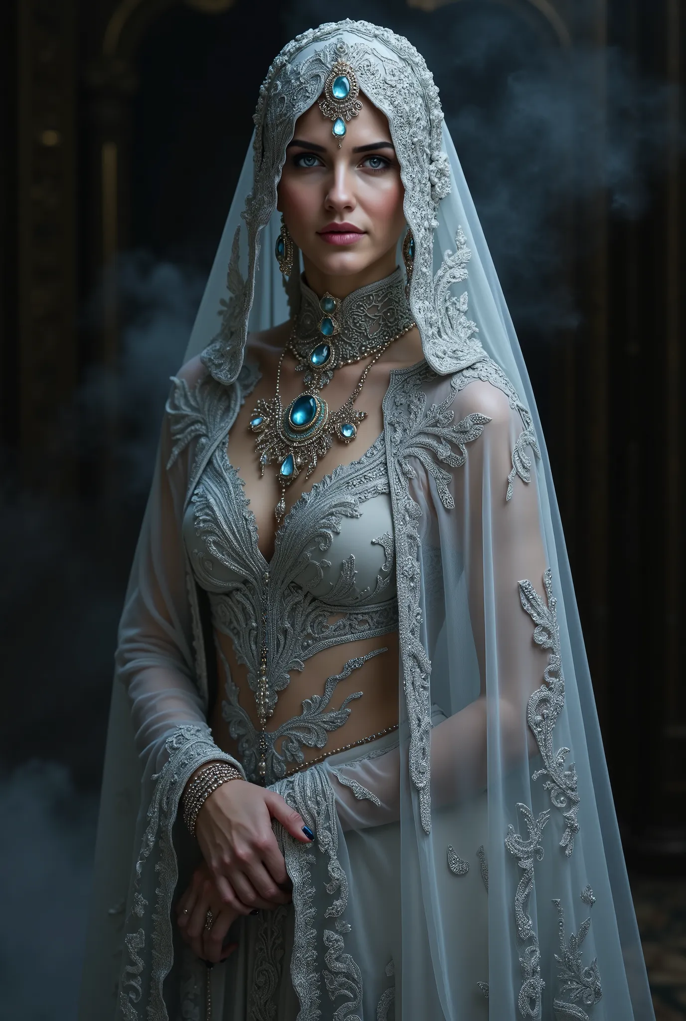 Create an image of a regal, mystical figure dressed in a fantasy-inspired costume. The figure wears a hooded cloak made of sheer, silvery-gray fabric with intricate, swirling lace-like patterns. They are adorned with ornate jewelry, including a gemstone-en...