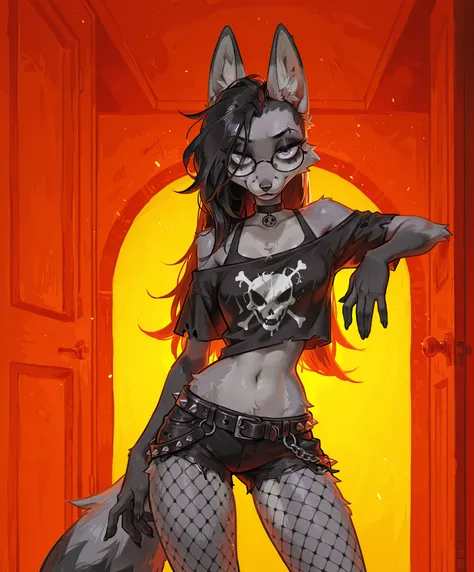 a anthropomorphic female fox with multi-tone grey fur, she is a skinny goth girl with glasses, emo, punk girl, (thin), narrow shoulders, narrow hips, shaved undercut hair, long hair, black hair, fox ears, sexy pose, furry animation style in comic aesthetic...
