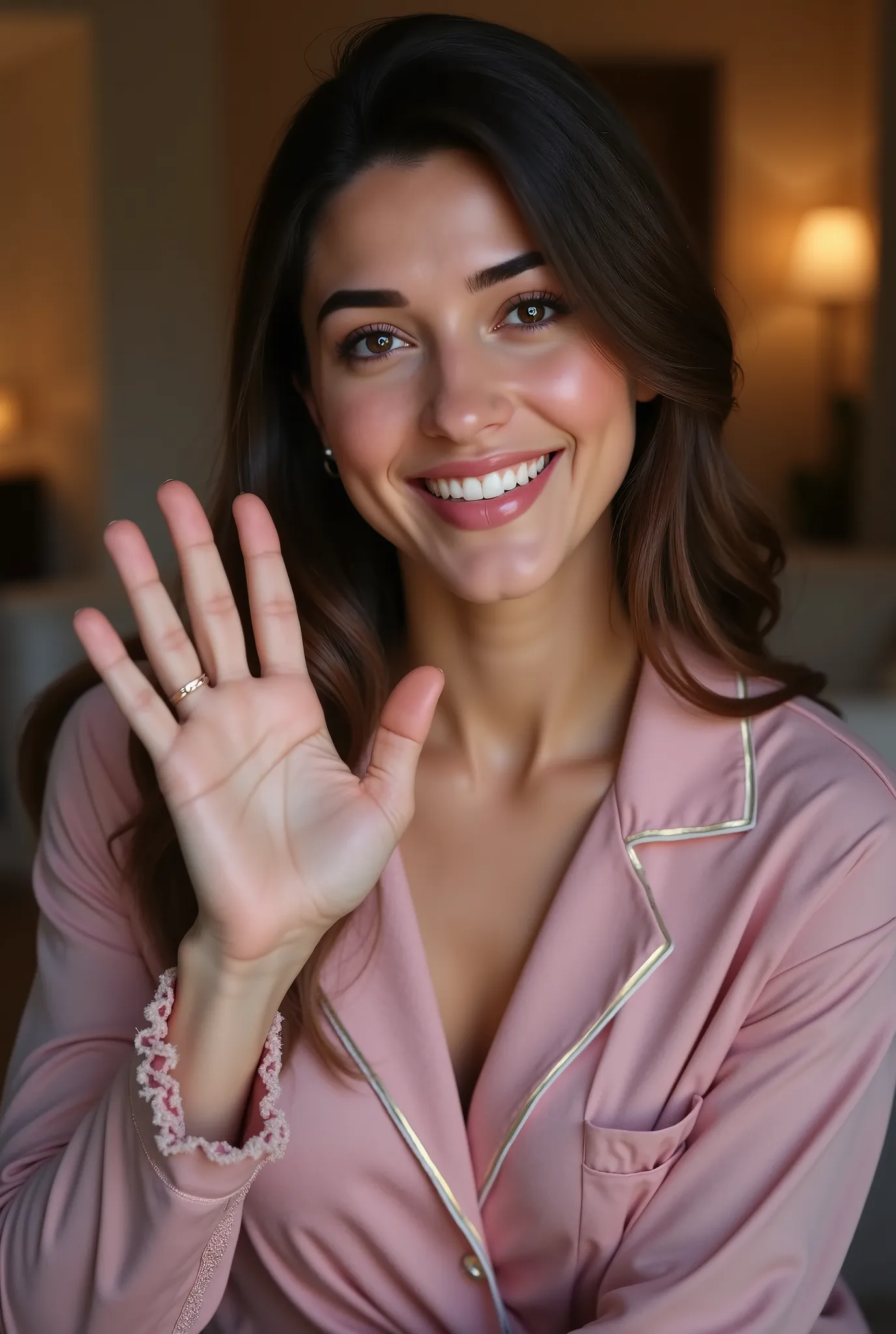 Beautiful woman siting and say hallo to viewers on the living cozy room , looking to viewers , perfect hand say hello , auto correct detail fingers , less lighting on the dark night , happy vibes , dynamic pose , casual pink pijamas . 