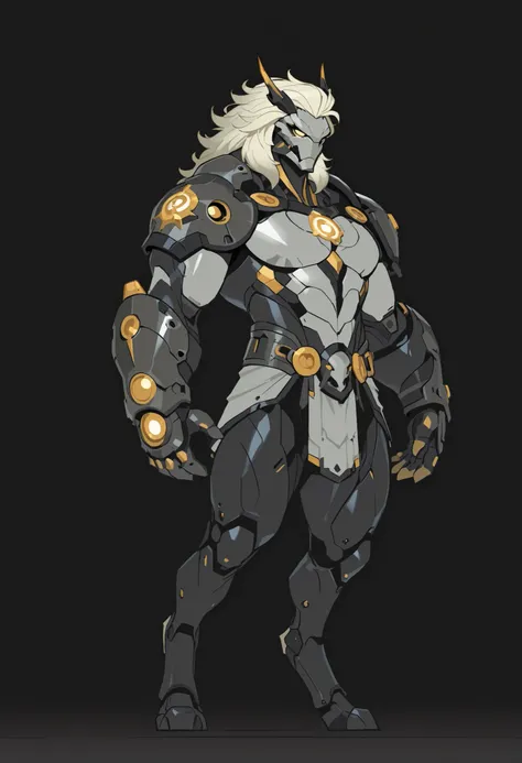 masterpiece, best quality, amazing quality, very aesthetic, humanoid warforged, short mane, detailed musculature, fantasy futuristic body armor, balanced yet muscular physique, thick arms and legs, digitigrade legs, wide bulky chest, body is a fusion of ru...