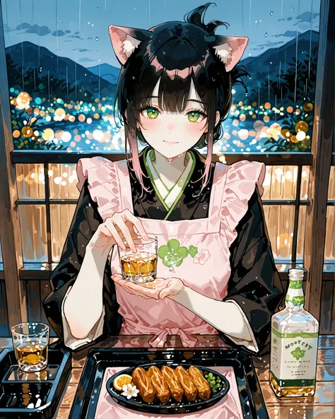 masterpiece, best quality, ultra-detailed, perfect anatomy, 
748cmstyle, 
straight-on, looking at viewer, across a wooden food stall counter, outdoors, cozy night rain ambience, soft bokeh raindrops, shallow depth of field, noren curtain slightly swaying, ...