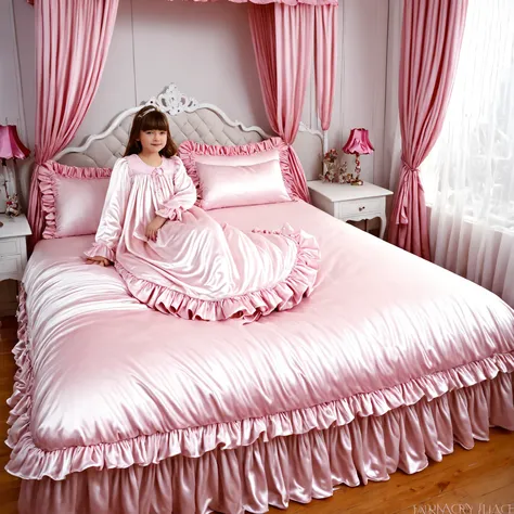 girl on the bed,plump quilted silk satin nightgown, long sleeves only,ruffle sleeve,fingerless children's mittens, bed with pile of silk satin pillows,Sissy Canopy Bed,king size bed,Bigger bed,Lots of Frilled Pillows,More pillows, plump quilted silk satin ...