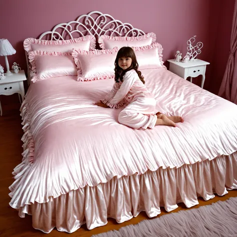 girl on the bed,plump quilted silk satin nightgown, long sleeves only,ruffle sleeve,fingerless children's mittens, bed with pile of silk satin pillows,Sissy Canopy Bed,king size bed,Bigger bed,Lots of Frilled Pillows,More pillows, plump quilted silk satin ...