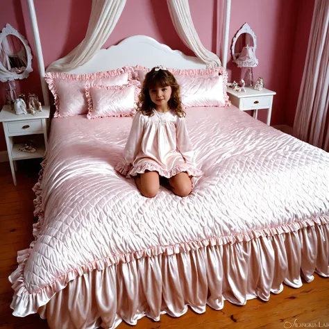 girl on the bed,plump quilted silk satin nightgown, long sleeves only,ruffle sleeve,fingerless children's mittens, bed with pile of silk satin pillows,Sissy Canopy Bed,king size bed,Bigger bed,Lots of Frilled Pillows,More pillows, plump quilted silk satin ...