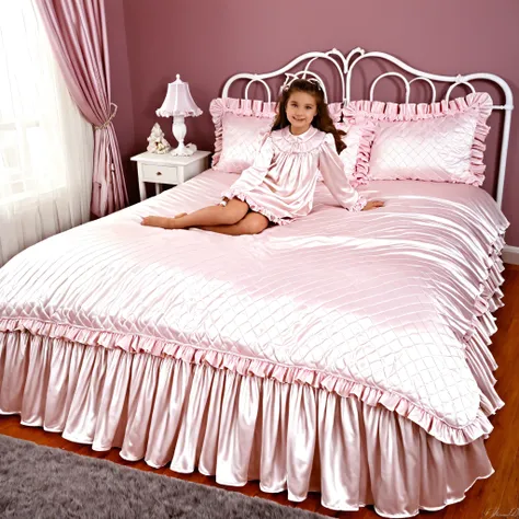 girl on the bed,plump quilted silk satin nightgown, long sleeves only,ruffle sleeve,fingerless children's mittens, bed with pile of silk satin pillows,Sissy Canopy Bed,king size bed,Bigger bed,Lots of Frilled Pillows,More pillows, plump quilted silk satin ...