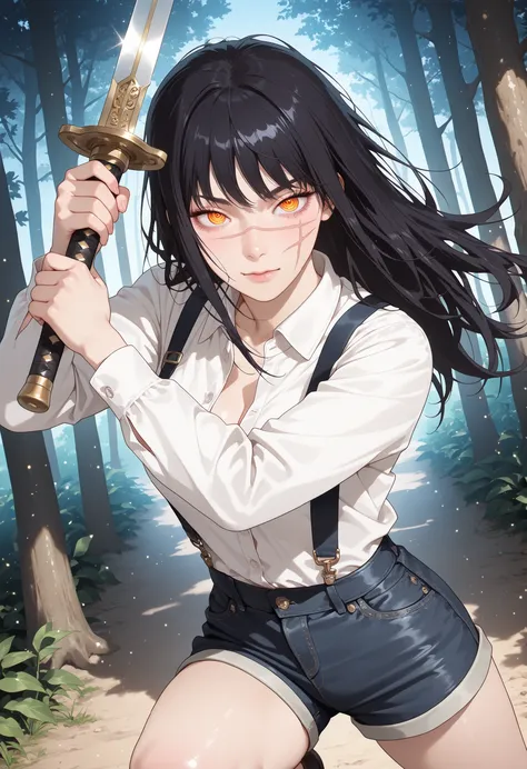 1 girl, Yoru /Chainsaw Man/, scar on cheek, cross scar, long hair, black hair, yellow / red eyes, ringed eyes, pretty eyes, detailed eyes, gradient eyes, crystal eyes, long eyelashes, beautiful eyes, beautiful face, perfectly symmetrical face, delicate and...
