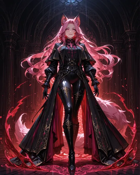 c4stl3v4ni4, Dark fantasy gothic character design inspired by Castlevania. A tall and elegant warrior with long, flowing pink hair, bright pink eyes, striking facial features, and a mysterious, aristocratic aura, soft pink fox ears and tail. The outfit is ...