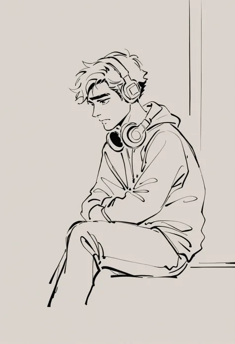 (Sketch) A young guy of about 24 years old is sitting on a window looking somewhere, he is wearing headphones and he is very sad.