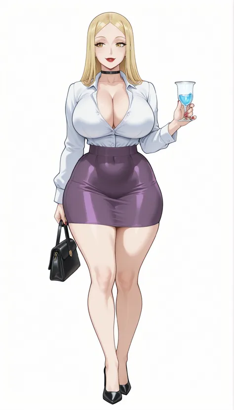 Accurate Jinsuke manga STYLE - Paladin (ビキニ・ウォリアーズ), a beautiful adult bimbo woman with long forehead-parted flat sleek straight yellow-blonde hair, round forehead, big yellow eyes, bimbo plump round-shaped red lips, red nails, big round milf breasts, fair...