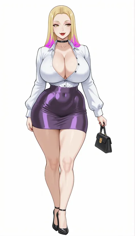 Accurate Jinsuke manga STYLE - Paladin (ビキニ・ウォリアーズ), a beautiful adult bimbo woman with long forehead-parted flat sleek straight yellow-blonde hair, round forehead, big yellow eyes, bimbo plump round-shaped red lips, red nails, big round milf breasts, fair...