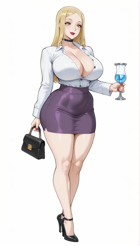 Accurate Jinsuke manga STYLE - Paladin (ビキニ・ウォリアーズ), a beautiful adult bimbo woman with long forehead-parted flat sleek straight yellow-blonde hair, round forehead, big yellow eyes, bimbo plump round-shaped red lips, red nails, big round milf breasts, fair...